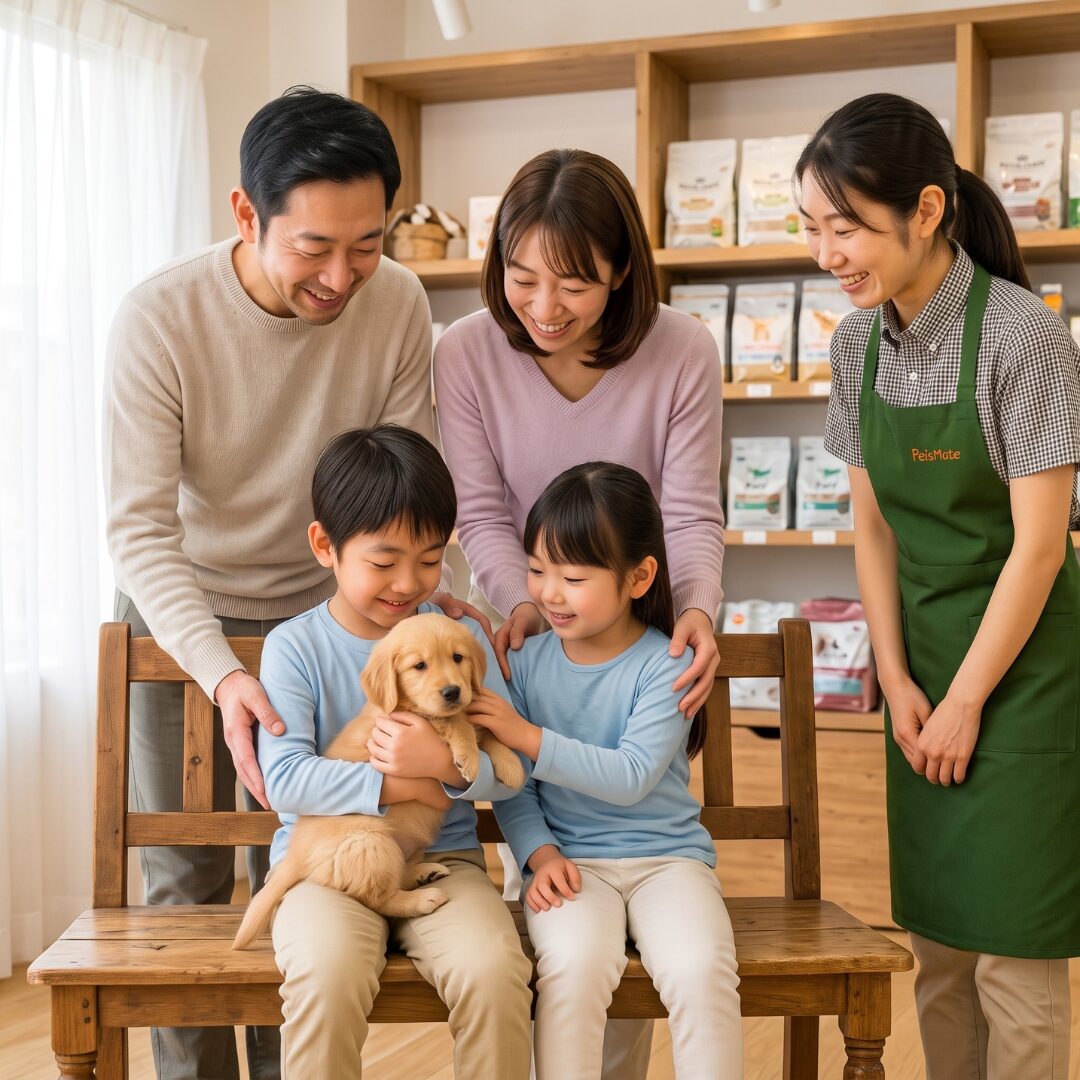 最寄りの店舗で子犬と対面するご家族
