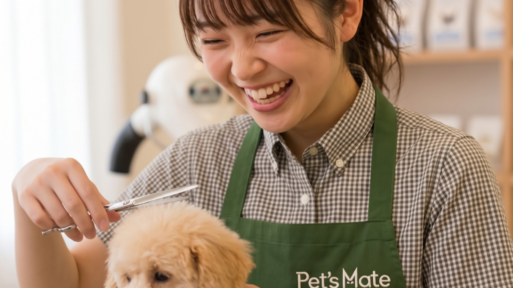 子犬の毛をハサミで整えるトリマー