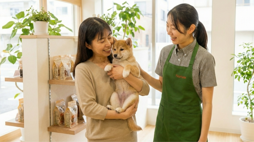 ペッツメイトのスタッフと、柴犬を抱いた飼い主