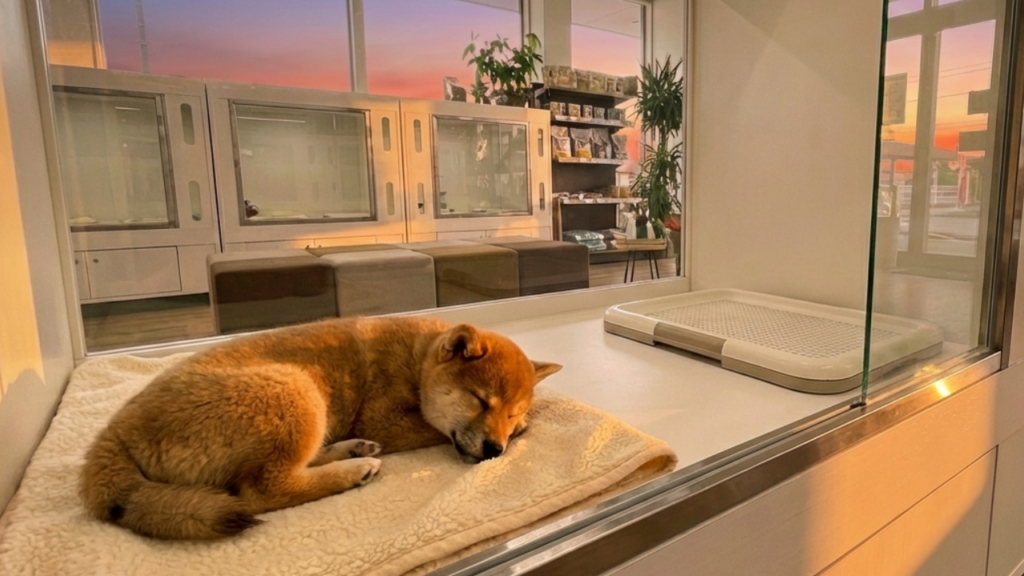 ペットホテルの部屋で眠る柴犬