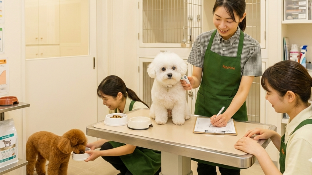 犬の食事を用意し、様子を記録するスタッフ