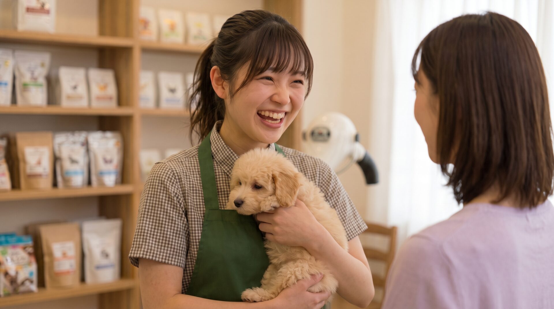 ペッツメイトのスタッフが子犬を抱いて、お客様と笑顔で話している様子