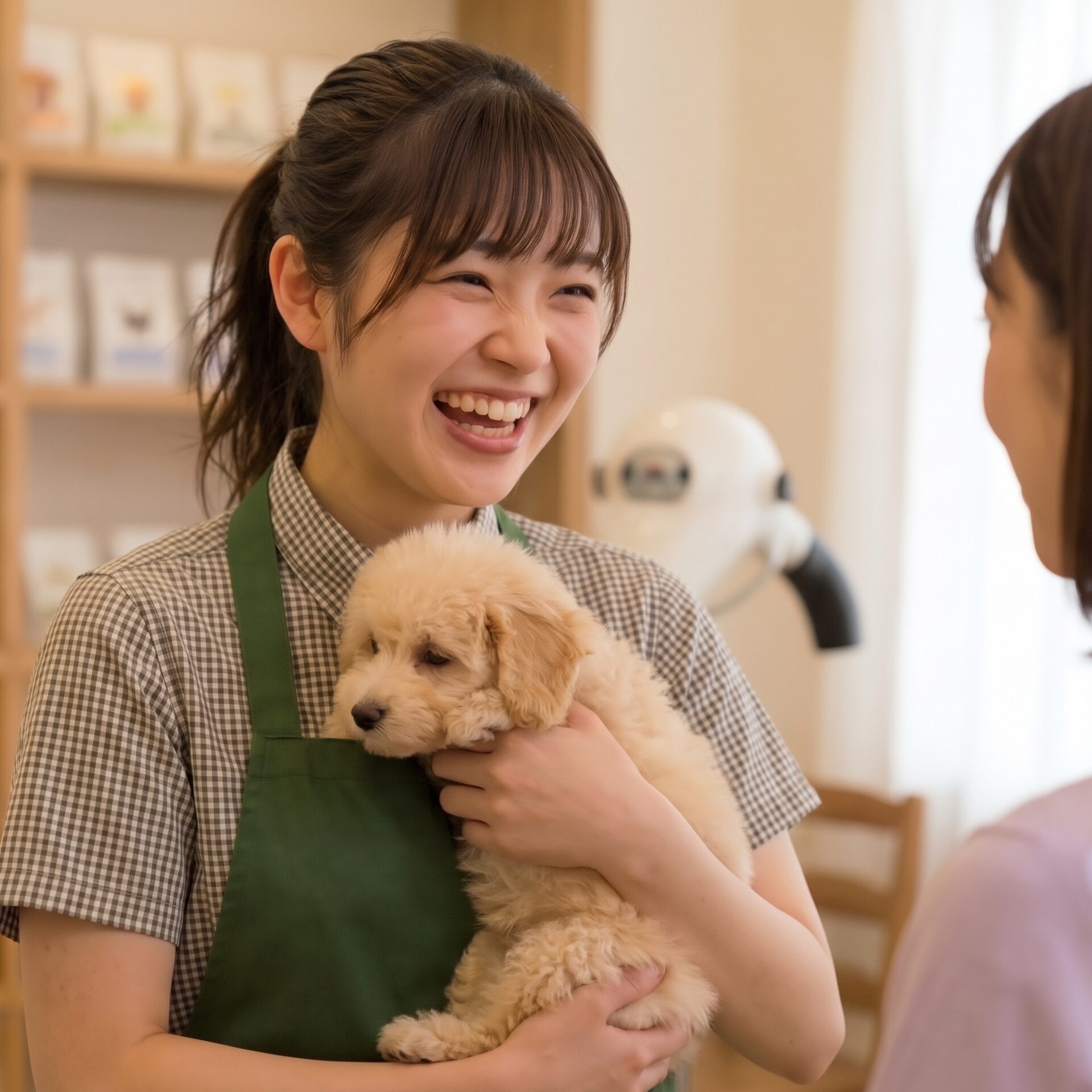ペッツメイトの店内で、ご家族に子犬を抱いてもらうスタッフ