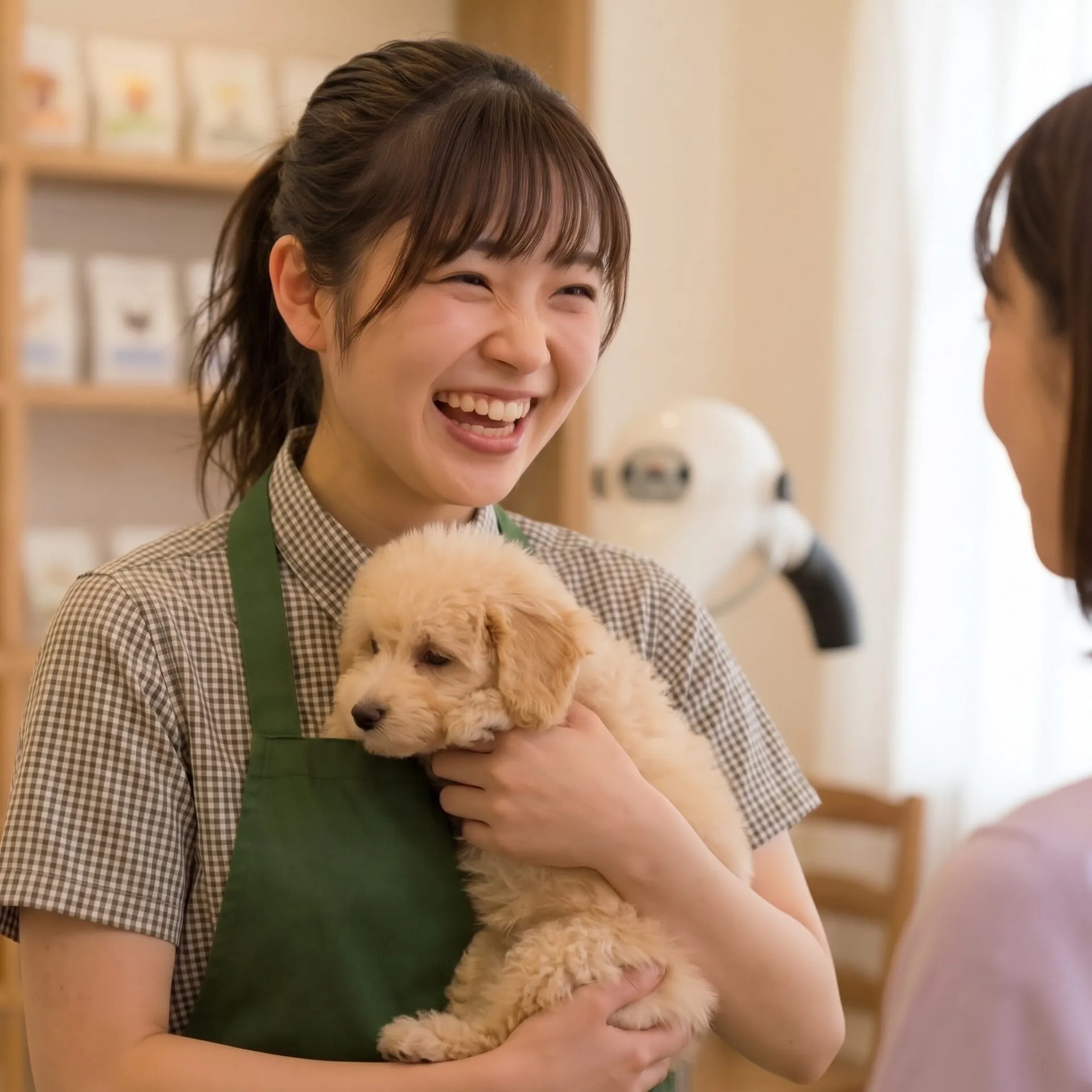 子犬を抱いて笑顔のペッツメイトのスタッフ